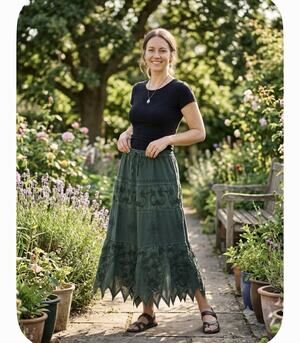 HolyClothing Women Green Embroidered Maxi Skirt Fairycore Whimsigoth Hippie L/XL